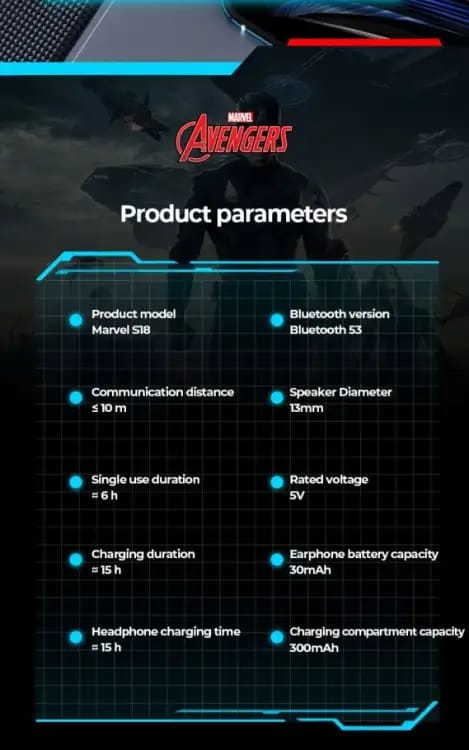 Marvel Avengers S18 Bluetooth 5.3 Wireless Gaming Earbuds HD Bass Headphone (Captain America & Iron Man)